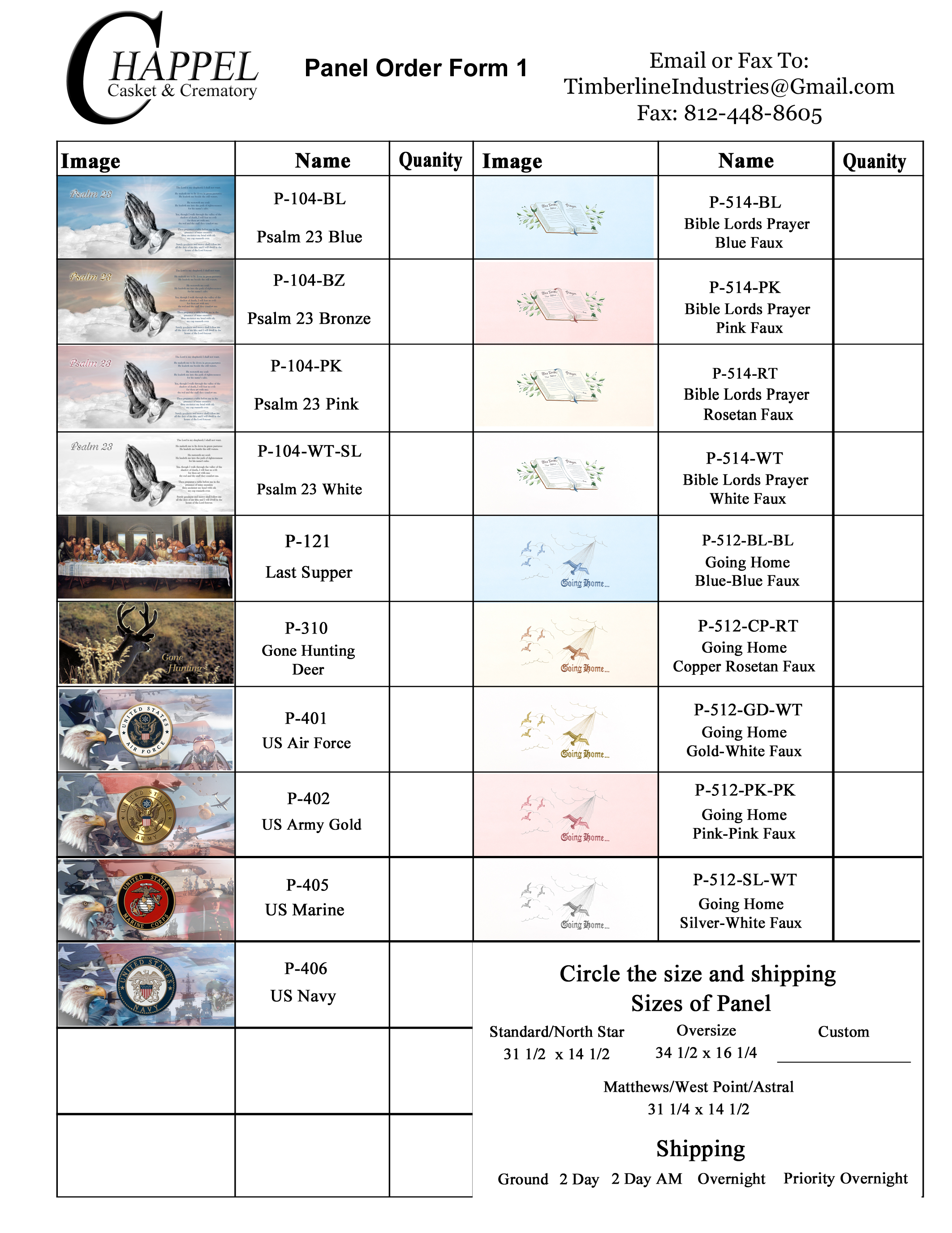 Chappel Panel Order Form 1